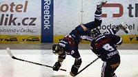 Radost libereckého Michala Bulíře po dovršení hattricku proti Českým Budějovicím.