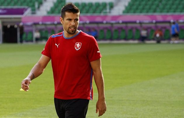 Milan Baroš na tréninku fotbalové reprezentace před zápasem s Polskem
