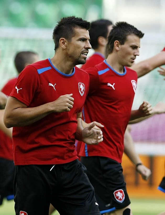 Milan Baroš na tréninku fotbalové reprezentace před zápasem s Polskem