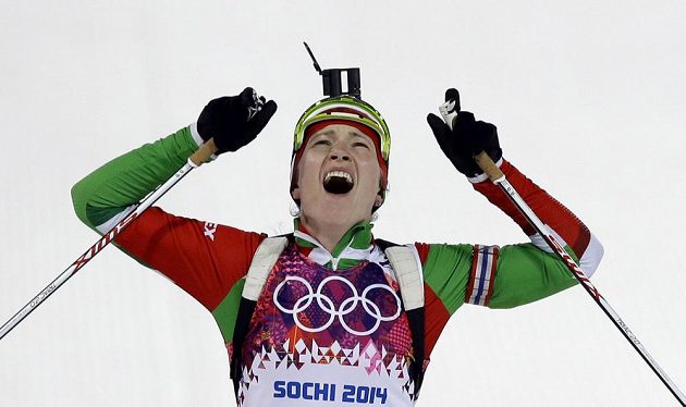 Běloruská biatlonistka Darja Domračevová, už trojnásobná olympijská vítězka ze Soči. 