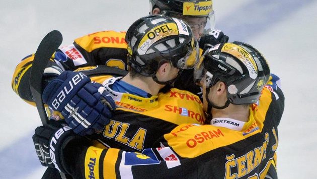 Litvínovští hokejisté se radují z vítězství.