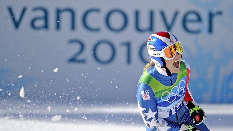 Americká lyžařka Lindsey Vonnová v cíli olympijského sjezdu