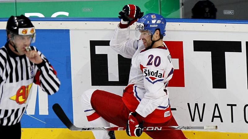 Jakub Klepiš oslavuje svůj gól proti Kanadě