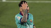 Reakce barcelonské hvězdy Lionela Messiho během utkání španělské ligy. Reakce barcelonské hvězdy Lionela Messiho během utkání španělské ligy.