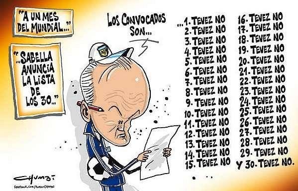 Výstižná karikatura argentinského kouče Sabelly a seznamu 30 hráčů které nominoval na MS do Brazílie - Carlos Tévez chybí.