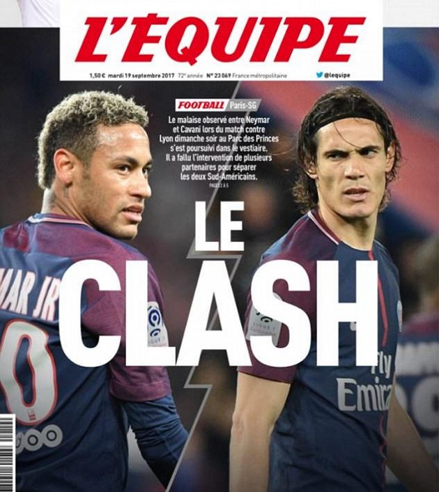 Spor Neymara s Cavanim na titulní straně francouzského deníku.