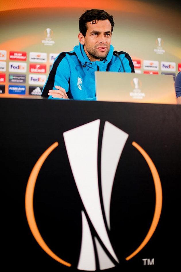 Brankář Viktorie Plzeň Aleš Hruška na tiskové konferenci pžed utkáním Evropské ligy s Luganem.