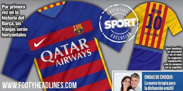 Takhle by v příští sezóně měly vypadat domácí a venkovní (žluté) dresy Barcelony. Návrh otiskl španělský deník Sport.