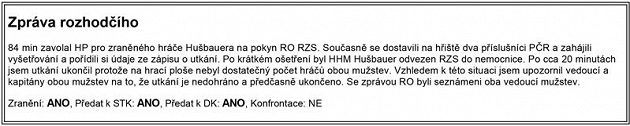 Zpráva rozhodčího po utkání Radlík - Hvozdnice B.