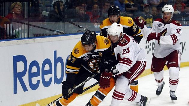 Bostonský Patrice Bergeron (vlevo) bráněný Oliverem Ekman-Larssonem z Phoenixu.