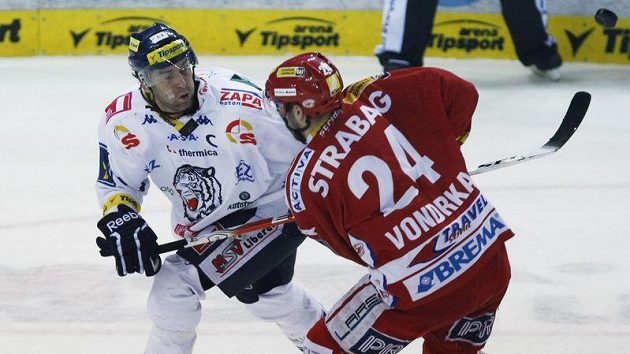 Liberecký Petr Nedvěd se přetlačuje se slávistou Vondrkou v rozhodujícím čtvrtfinálovém duelu.