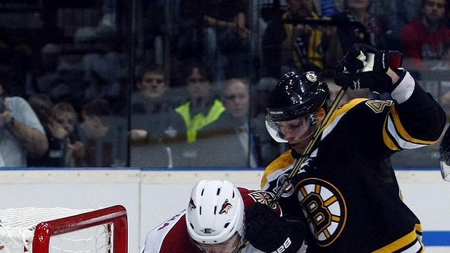 Obránce Bostonu Matt Hunwick (vpravo) se snaží odstavit Petra Průchu z Phoenixu.