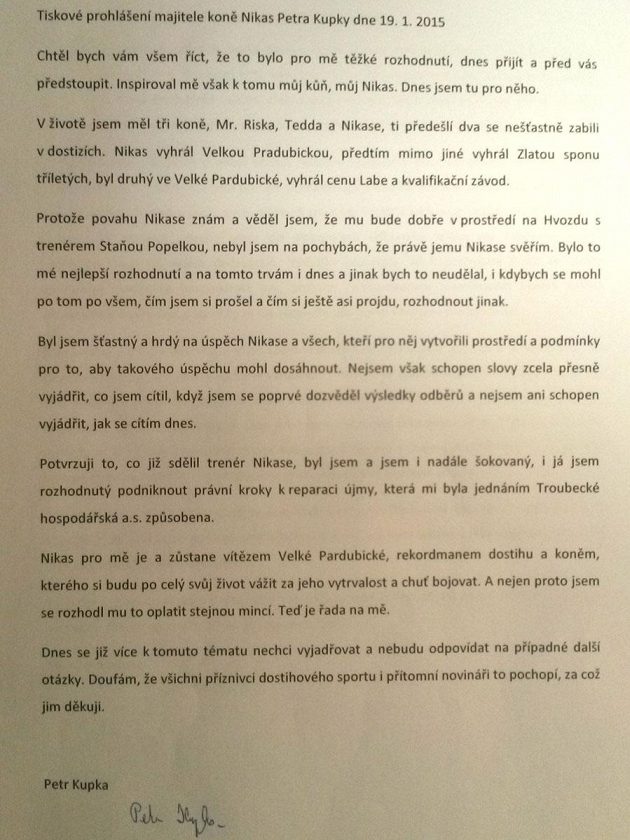 Tiskové prohlášení majitele Nikase Petra Kupky.