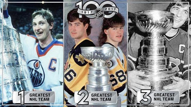 Takto vypadá trojlístek nejlepších týmů v dějinách NHL. Vlevo vítězný Edmonton ze sezóny 1984/85, uprostřed druhý Pittsburgh z ročníku 1991/92 i s Jaromírem Jágrem a třetí Montreal ze sezóny 1976/77.