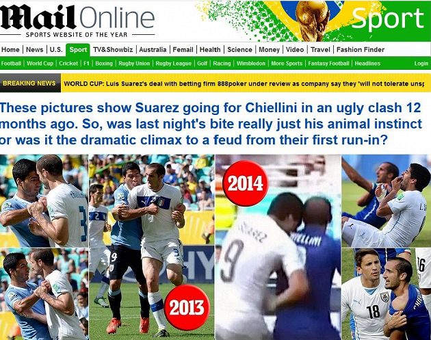 Britský deník Daily Mail přišel s fotografiemi, že se uruguayský útočník Luis Suárez pokusil italského obránce Giorgia Chielliniho pokousat už ve vzájemném zápase v roce 2013.