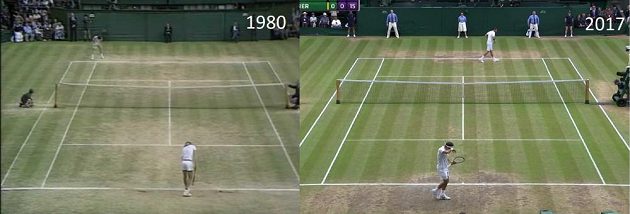 Pro srovnání, kurt při Wimbledonu v roce 1980 (vlevo) a 2017.