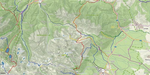 Mapa trasy běhu ve Vysokých Tatrách.