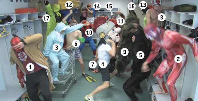 Harlem Shake AC Sparta: 1 - R. Polom, 2 - M. Hybš, 3 - A. Jánoš, 4 - V. Vidlička, 5 - J. Hušbauer, 6 - L. Krejčí, 7 - L. Vácha, 8 - M. Holek, 9 - O. Švejdík, 10 - P. Kadeřábek, 11 - T. Přikryl, 12 - R. Bednář, 13 - V. Kadlec, 14 - Masér T. Stránský, 15 - D. Lafata, 16 - M. Čech, 17 - T. Vaclík