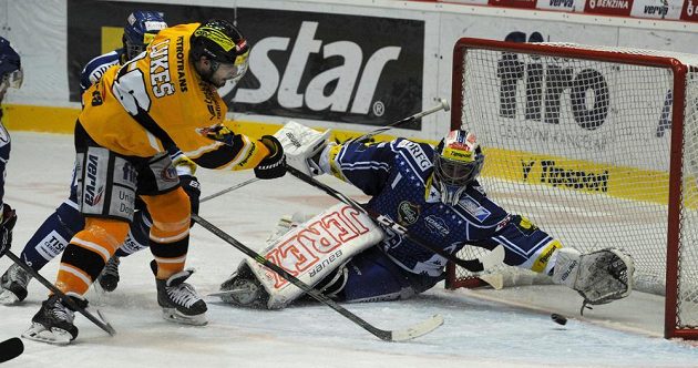 Litvínovský František Lukeš (vlevo) střílí vyrovnávací branku na 1:1 brněnskému brankáři Marku Čiliakovi.