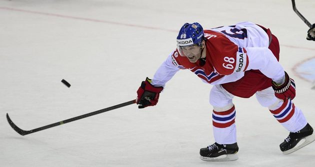 Český útočník Jaromír Jágr v utkání se Slovenskem na mistrovství světa v Bělorusku.