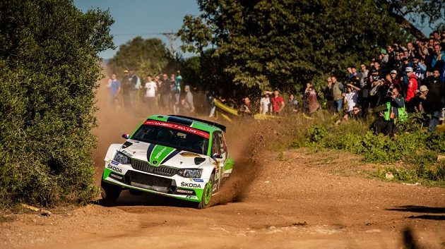 Jan Kopecký se Škodou Fabia R5 při ostrém testu před startem Španělské rallye.