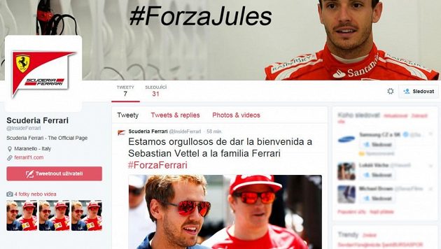 Falešný twitterový účet Ferrari, který oznámil příchod Sebastiana Vettela.