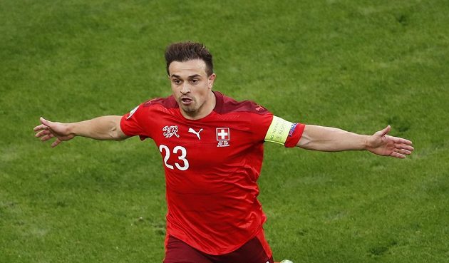 Swiss footballer Xherdan Shaqiri celebrates a goal in the EURO quarterfinals.