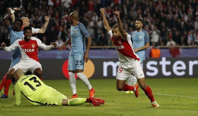 Radost Kyliana Mbappého z Monaka poté, co otevřel proti Manchesteru City skóre.