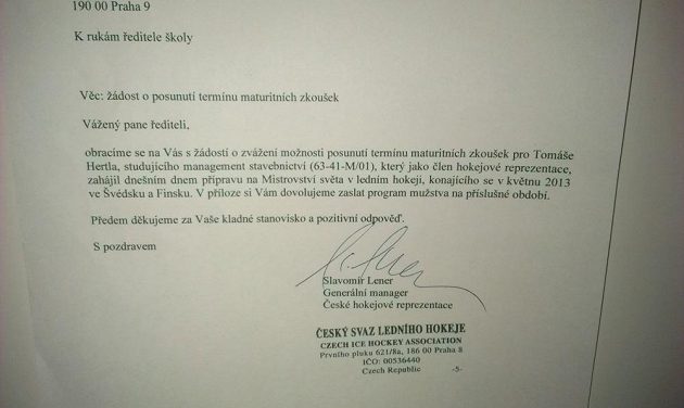 Omluvenka Tomáše Hertla, kterou zaslal do školy generální manažer hokejové reprezentace Slavomír Lener.
