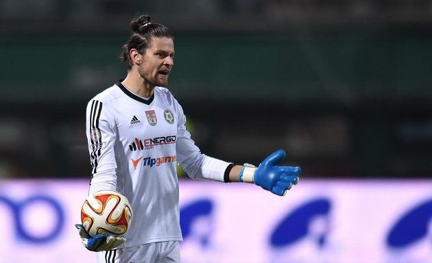 Příbramský brankář Marek Boháč v dohrávce 11. kola Synot ligy proti Dukle Praha.