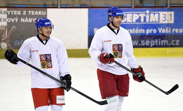 Útočníci Jiří Hudler (vlevo) a Jaromír Jágr během tréninku hokejové reprezentace v Letňanech.