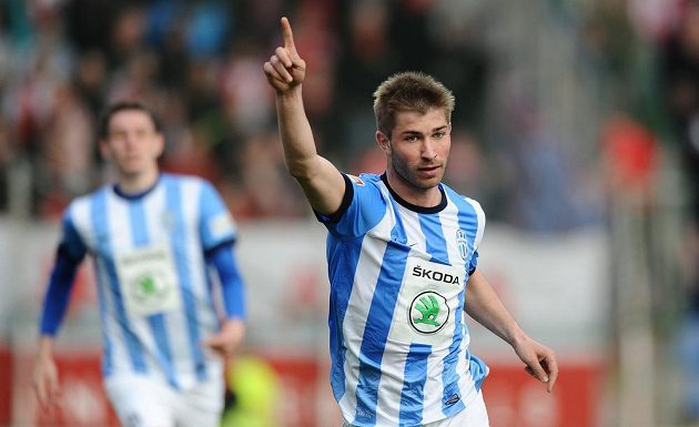 Mladoboleslavský útočník Pavel Šultes se raduje ze vstřelení gólu proti Slavii Praha v dohrávce 22. kola Gambrinus ligy.