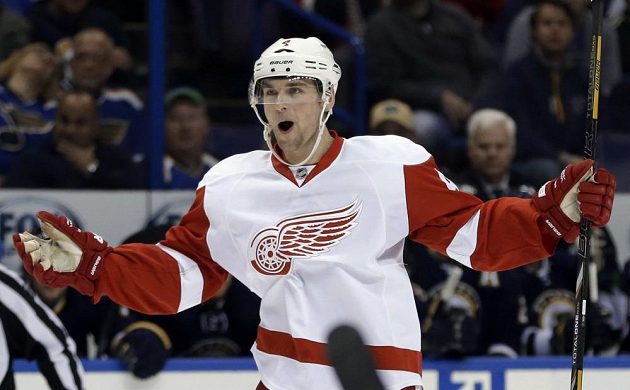 Konečně! Obránce Detroitu Jakub Kindl si ve svém pátém zápase v sezóně připsal první bod, takto se radoval ze své branky proti St. Louis.