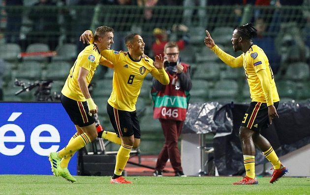 Belgická radost po gólu do sítě ruských fotbalistů v kvalifikaci o postup na EURO 2020.