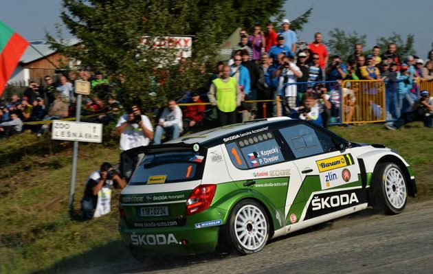 Jan Kopecký se Škodou Fabia S2000 na trati Barum rallye 2013.