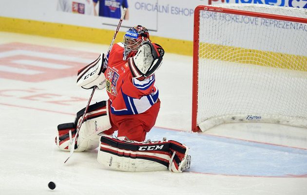 Brankář české reprezentace Jakub Kovář během utkání Euro Hockey Challenge s Norskem.