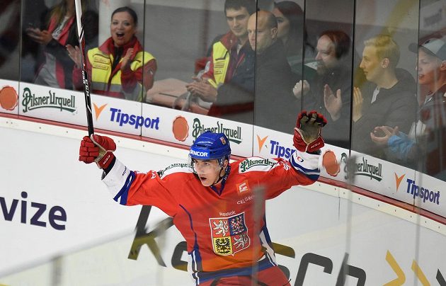 Český útočník Tomáš Nosek se raduje ze vstřelení branky v utkání Euro Hockey Challenge proti Norsku.