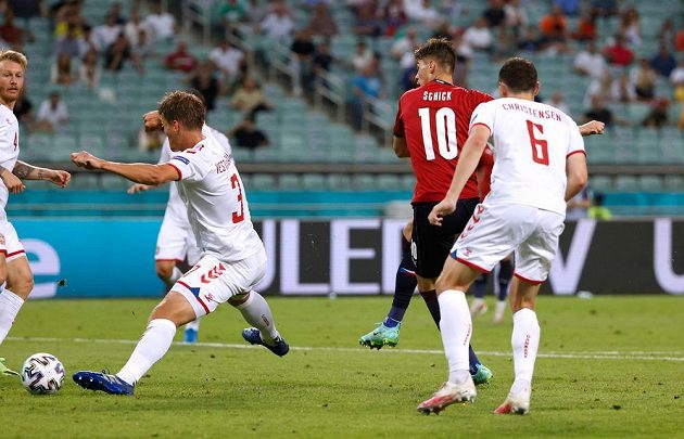 Striker Patrik Schick scores a goal for Denmark in the EURO quarterfinals.