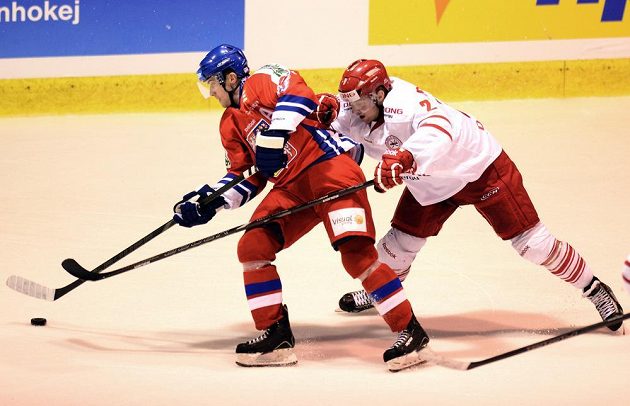 Sonny Hertzberg z Dánska (vpravo) se snaží zastavit českého útočníka Vladimíra Svačinu v utkání Euro Hockey Challenge.