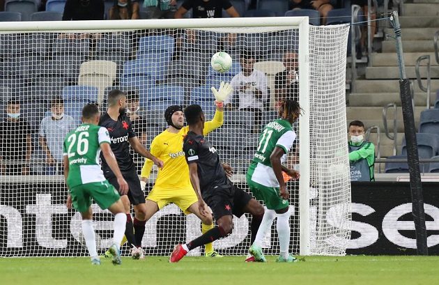 Godsway Donyoh (right) of Maccabi Haifa scores the opening goal against Slavia in the Conference League.