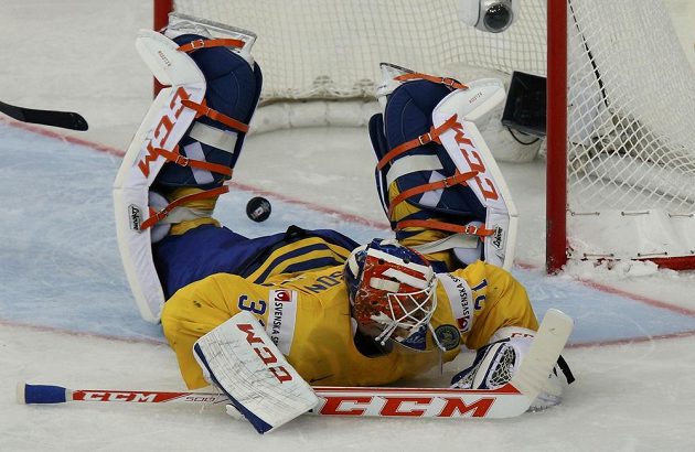 Švédský brankář Anders Nilsson poté, co dostal gól od Geoffa Platta z Běloruska.