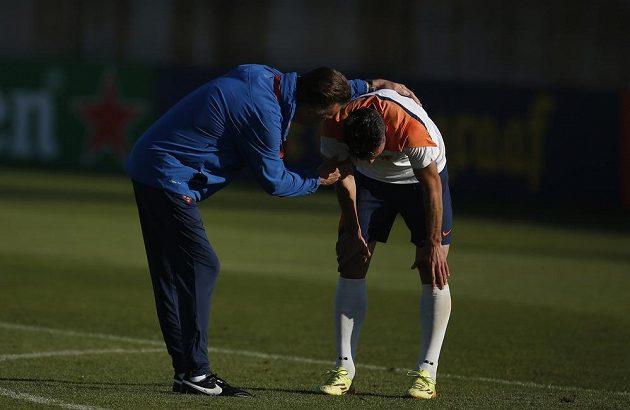 Nizozemský kapitán Robin van Persie v péči národního kouče Luise van Gaala.