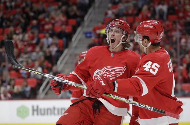 Obránce Libor Šulák z Detroitu Red Wings (vlevo) slaví svůj gól v přípravném utkání na nový ročník NHL. K zásahu mu gratuluje spoluhráč Colin Campbell.