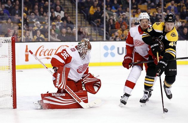 Brankář Detroitu Red Wings Jimmy Howard sleduje počínání Dantona Heinena z Bostonu v utkání NHL. Útočícímu hráči se snaží znepříjemnit zakončení obránce Detroitu Danny DeKeyser (65).