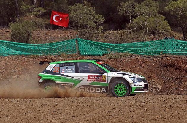 Jan Kopecký se Škodou Fabia R5 při testovací rychlostní zkoušce na Turecké rallye.