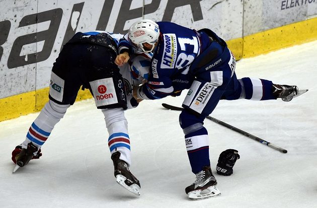 Pěstní souboj mezi Tomášem Vincourem (vpravo) z Brna a chomutovským Michalem Poletínem.