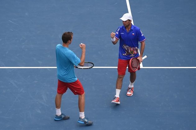 Čeští tenisté Adam Pavlásek a Radek Štěpánek v zápase proti Indickému páru Rohan Bopanna, Leandr Paes v baráži DC.