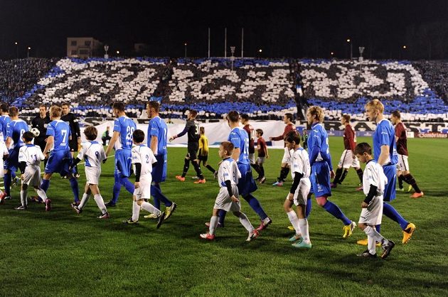 Choreografie fanoušků Baníku Ostrava během utkání Gambrinus ligy mezi FC Baník Ostrava a AC Sparta Praha.