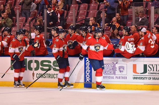 Radost hokejistů Floridy v utkání NHL proti Ottawě. Se spoluhráči slaví gól český útočník Jaromír Jágr.