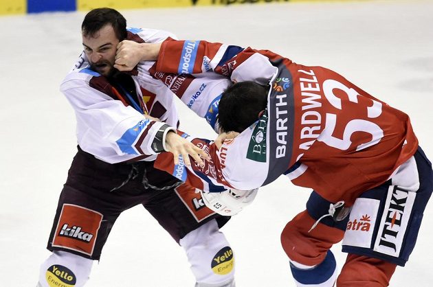 Do pěstního souboje se pustili Dominik Uher (vlevo) ze Sparty a pardubický Jacob Cardwell.